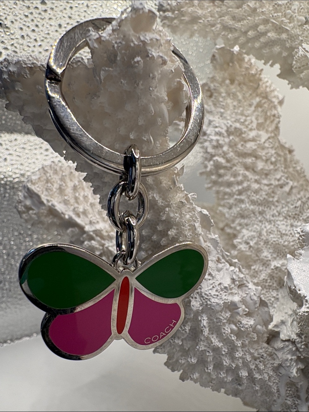 Coach Green and Pink Enamel Butterfly Key Ring